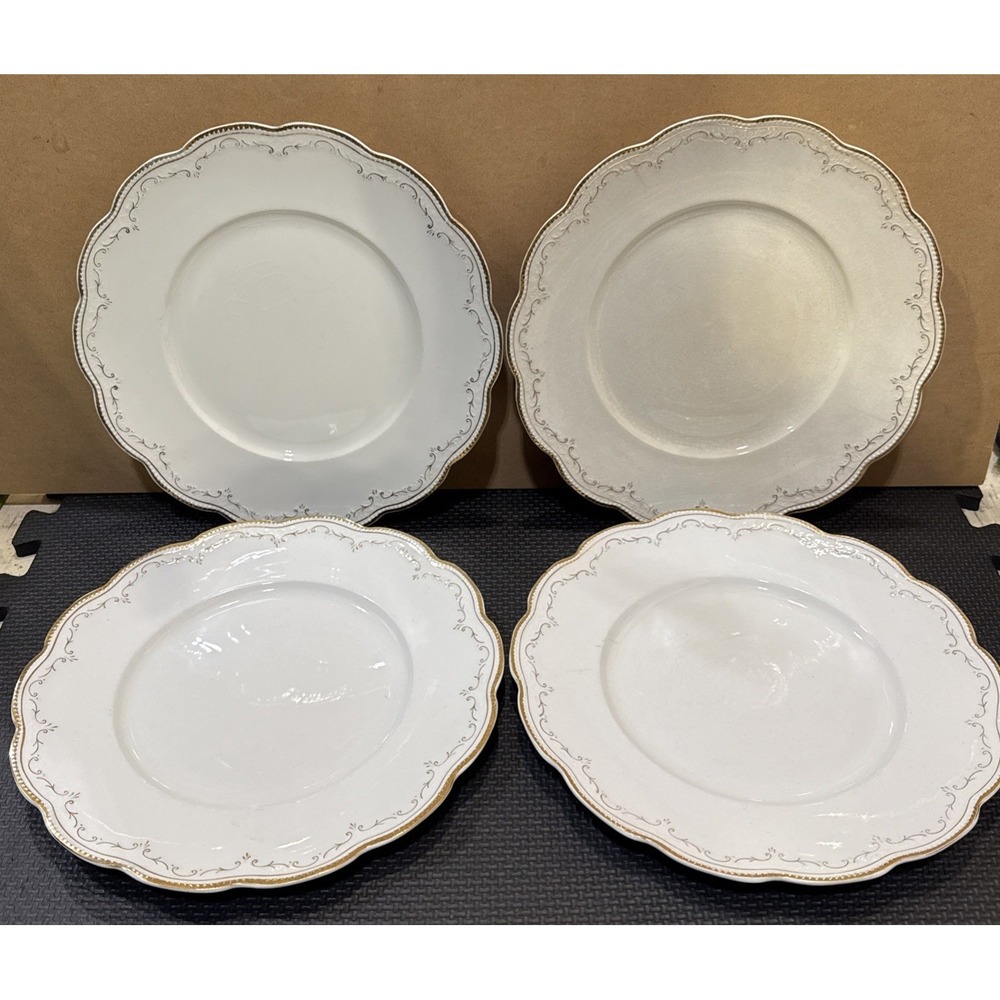 W H Grindley & Co England 520 Dinner Plates Set Of 4 White Gold Scalloped Edge